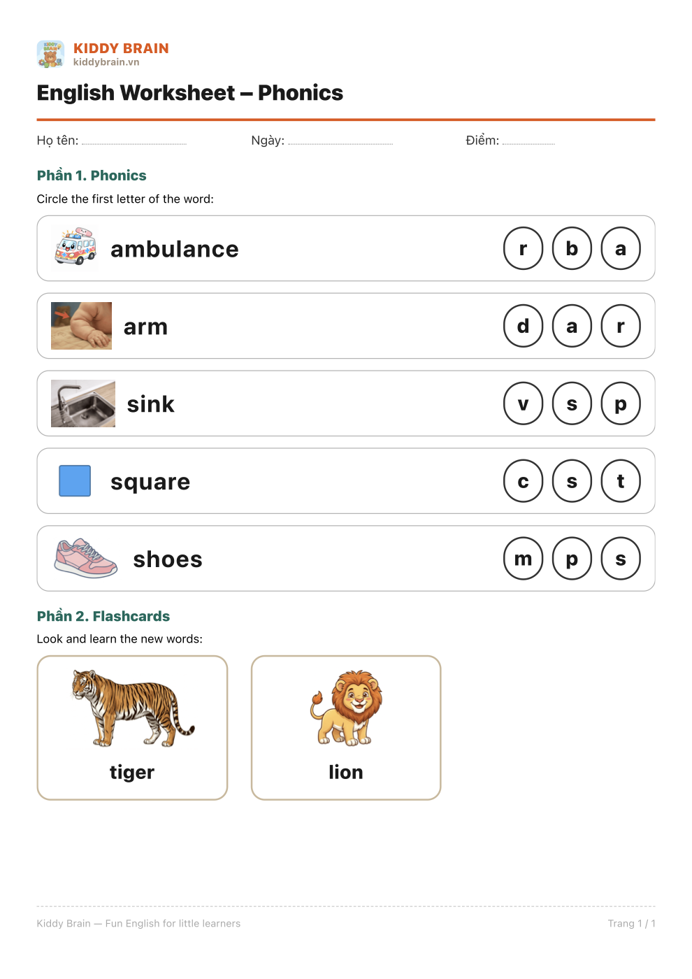 Mẫu phiếu Phonics