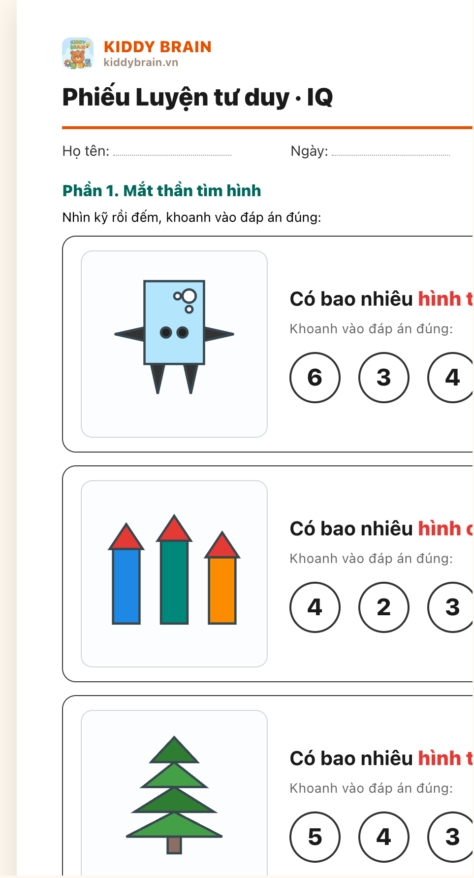 Mẫu phiếu luyện tư duy IQ cho bé