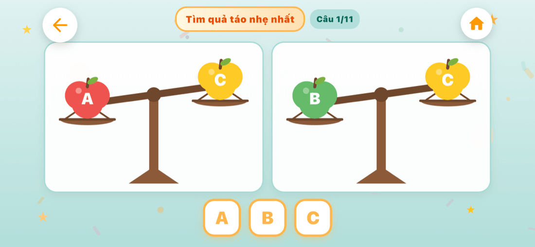 Trò chơi Cân thăng bằng — bé nhìn cân táo A, B, C để tìm quả nhẹ nhất trên Kiddy Brain