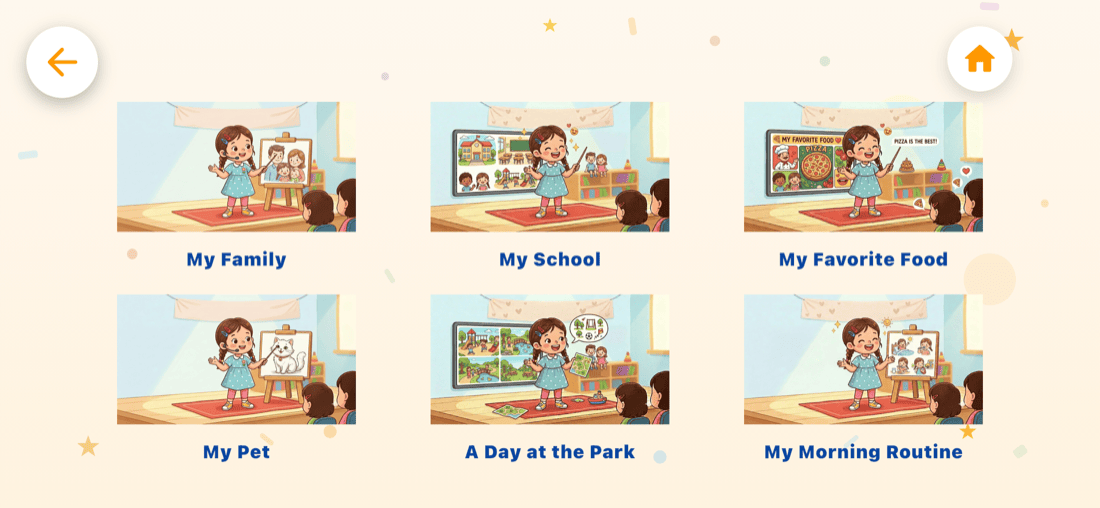 Màn chọn chủ đề thuyết trình (My Family, My School, My Favorite Food…) trong trò chơi Thuyết trình tiếng Anh của Kiddy Brain